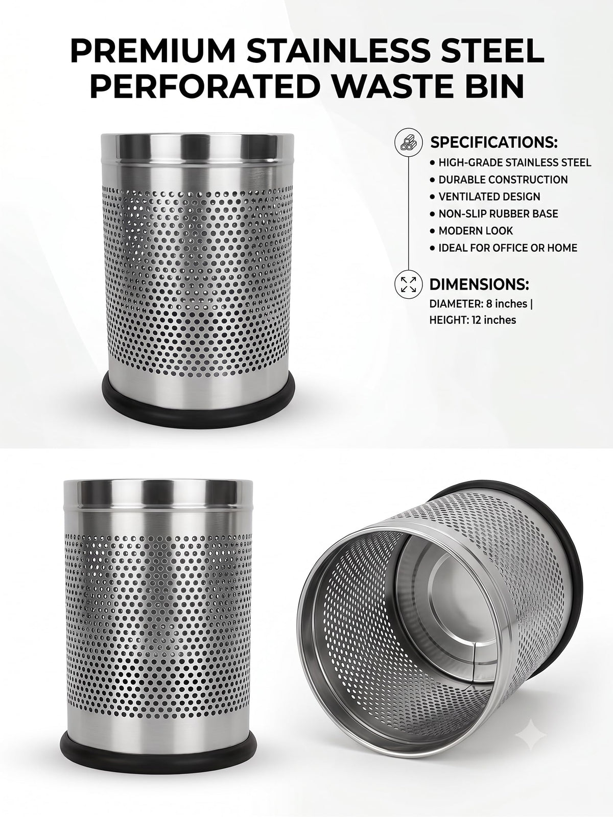 Stainless Steel Perforated Waste Bin, 8x12 Inch